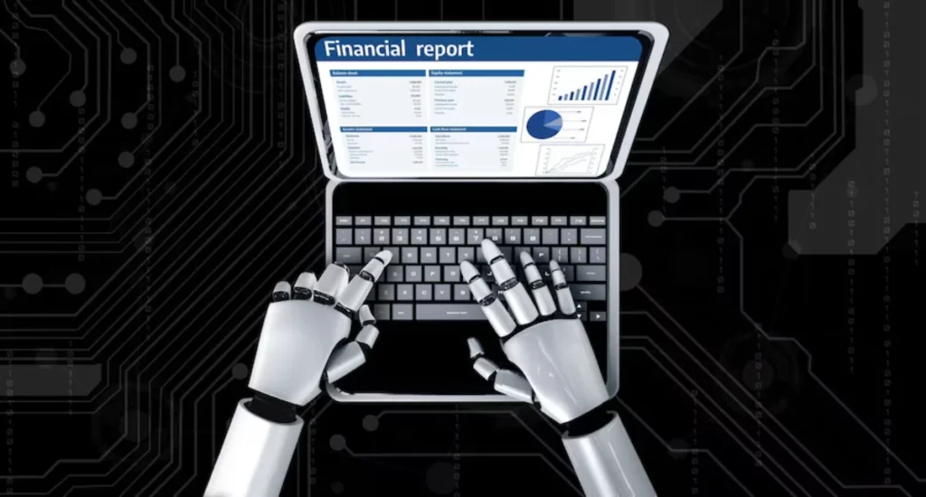 A robot with sophisticated white hands is typing on a laptop keyboard, displaying a financial report on the screen, set against a circuit board background.