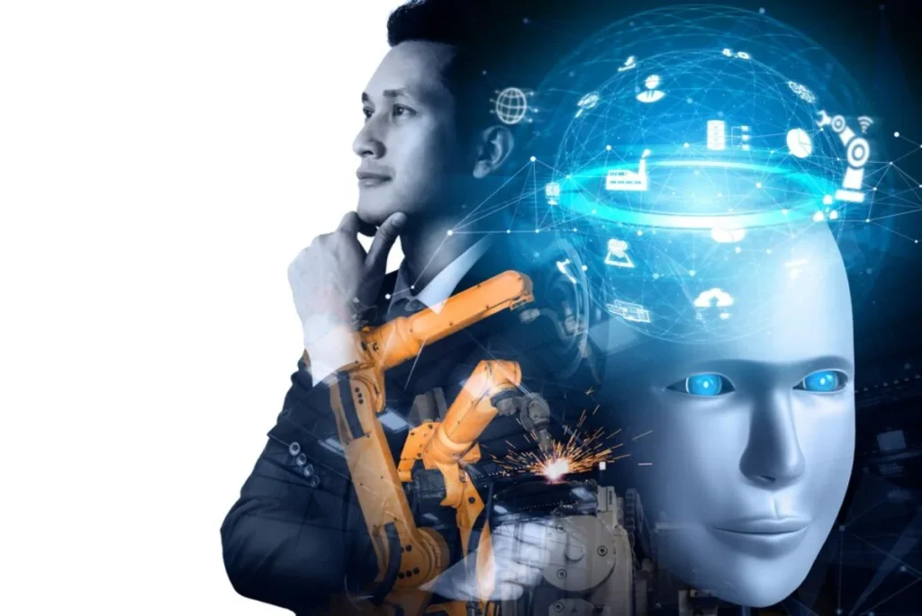 A conceptual image illustrating a contemplative man in a suit with overlays of advanced technology elements, including a robotic arm, a digital human-like face, and dynamic data graphics. The composition suggests a fusion of human thought and artificial intelligence technologies.
