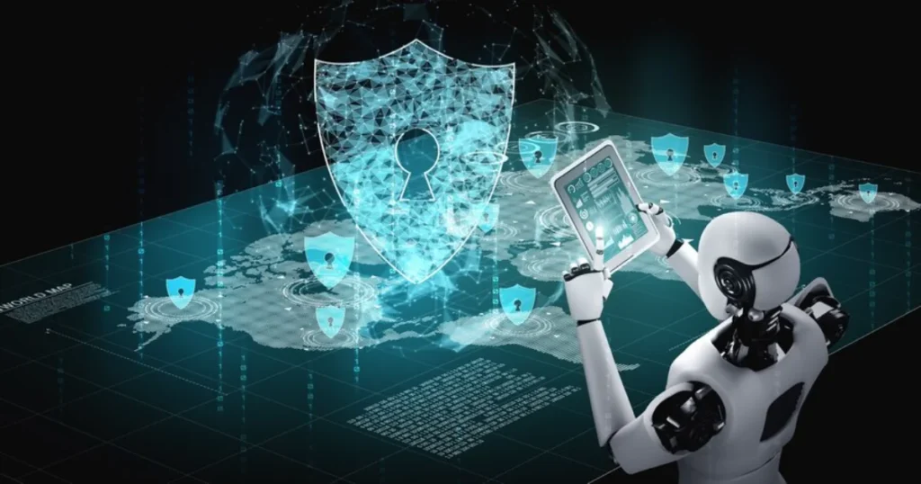 A futuristic depiction of cybersecurity with a robotic arm holding a tablet, displaying data protection graphics, and a large digital shield symbolising security in the background.