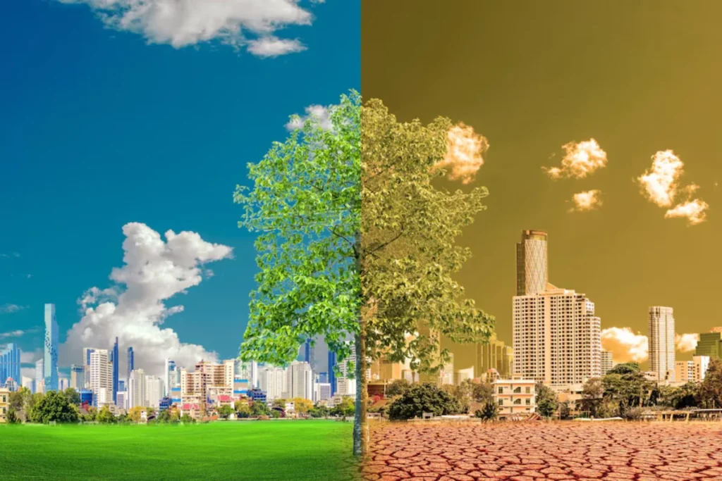 Split image contrasting a vibrant, green park with a tree against a thriving cityscape, and a parched, cracked earth landscape with sparse buildings under a dystopian yellow sky.