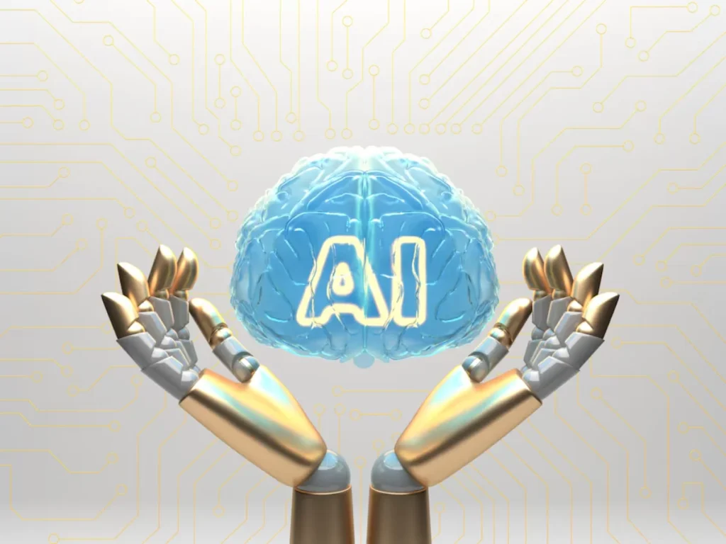 Alt text: Digital illustration of a glowing blue brain with "AI" text inside, held by two robotic hands, against a background with circuit patterns.