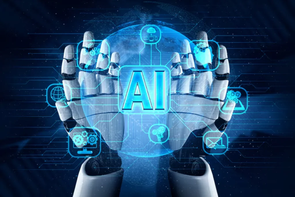 A futuristic representation of a robot's hands cupping a transparent digital globe with the letters "AI" (Artificial Intelligence) illuminated in the center, surrounded by various technology and communication icons.