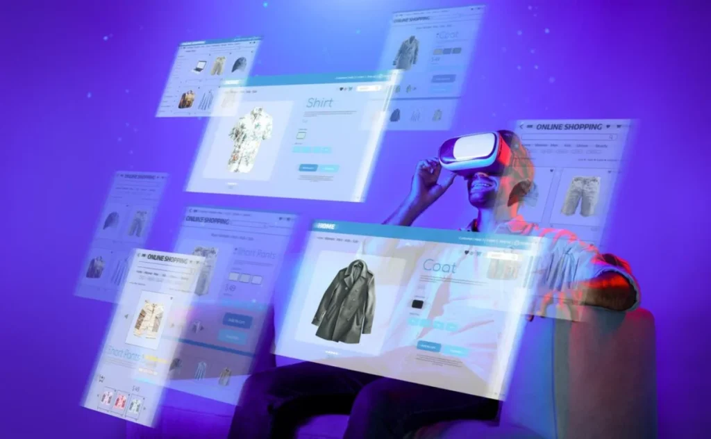 A person using a virtual reality headset for online shopping, surrounded by floating digital displays