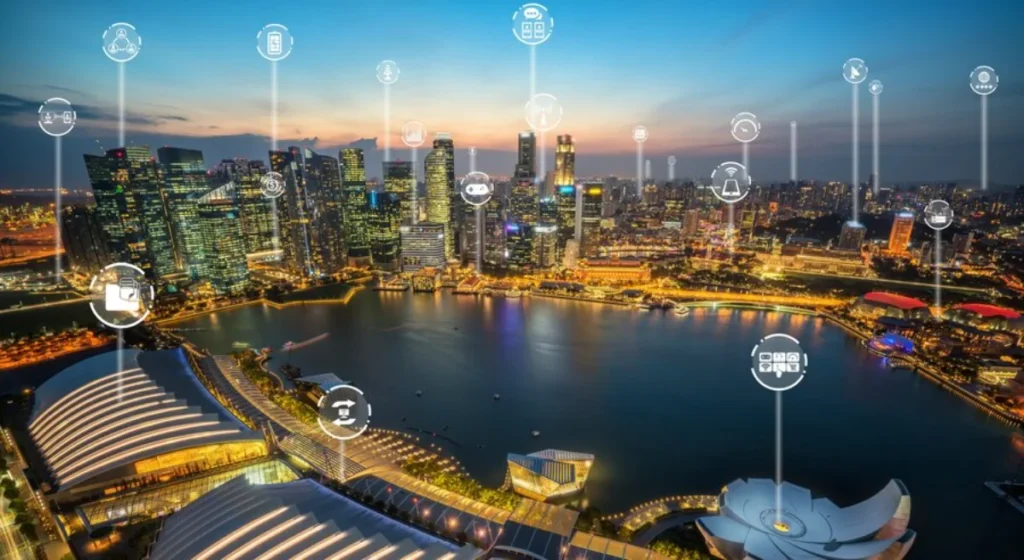 Aerial view of a bustling modern cityscape at dusk, illuminated with vibrant city lights and digital icons representing various smart city technologies floating over key areas, reflecting the integration of advanced technology in urban management.