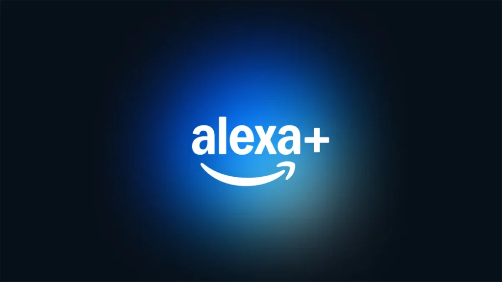 Logo of "alexa+" in white text with a smile design on a radiant blue background.