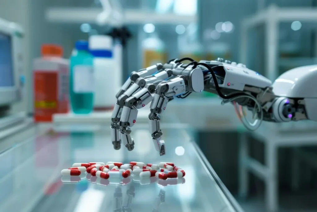 A robotic arm arranging red and white capsules into a pattern on a glass surface in a laboratory setting with blurred bottles in the background.