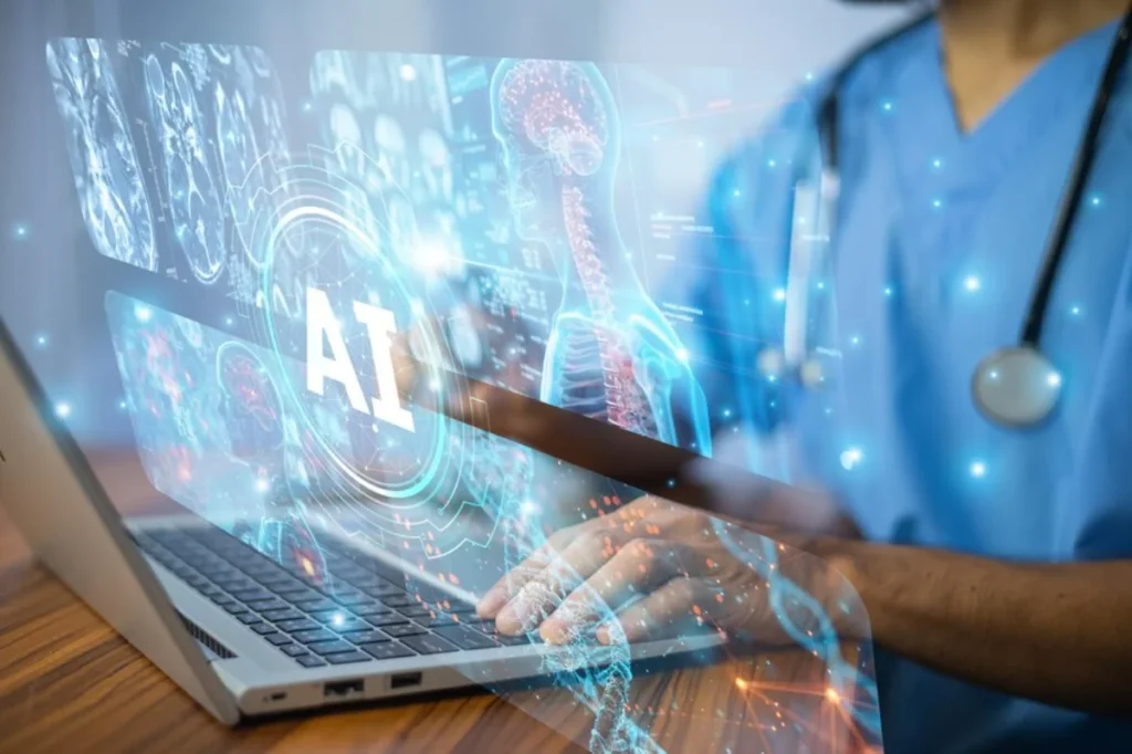 A person using a laptop with futuristic digital overlays showing artificial intelligence (AI) concepts and human anatomy graphics, highlighting technology in medical research and diagnostics.