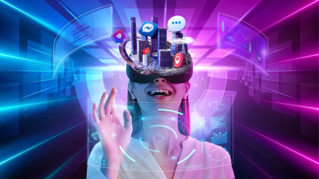 A young woman wearing virtual reality goggles, smiling and interacting with a holographic interface, with a digital miniature cityscape featuring social media icons floating above the goggles against a vibrant technological background.