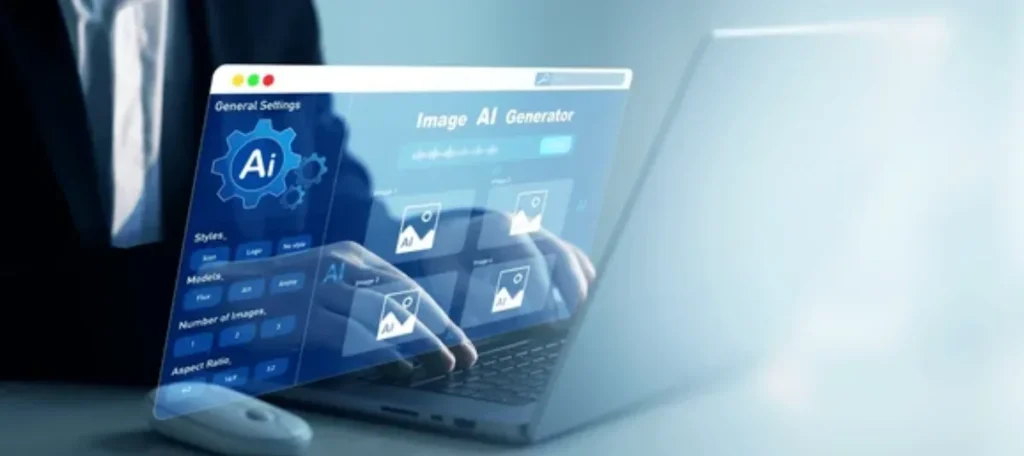 A person using a laptop with a digital overlay displaying artificial intelligence settings, symbolically representing advanced AI technology in operation.