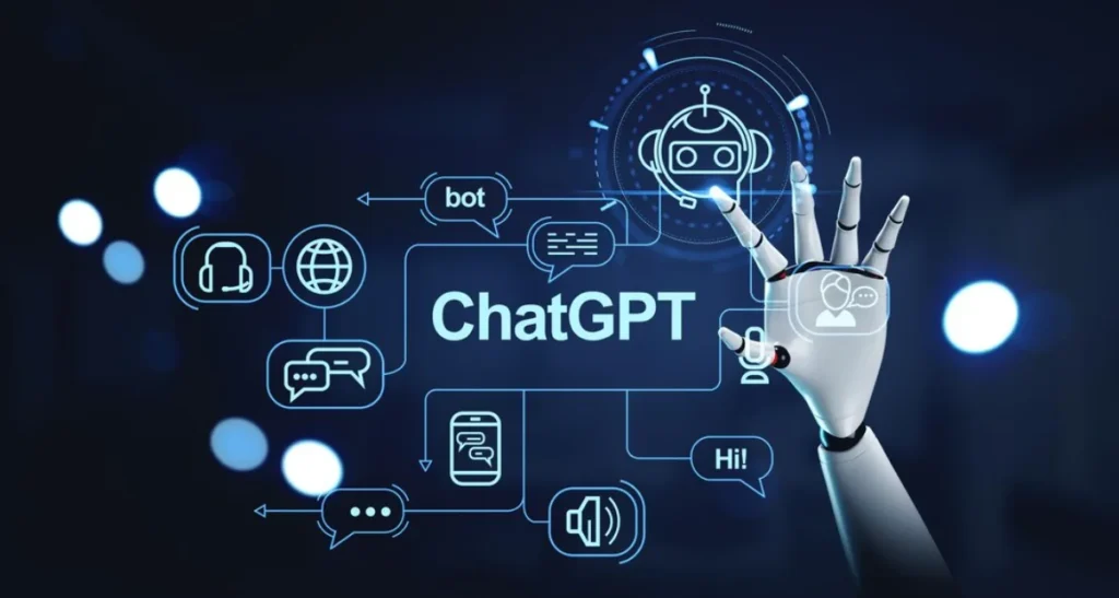 Futuristic image depicting a robotic hand interacting with virtual interface elements related to ChatGPT, including icons and text for bots, messaging, and digital communication technologies.