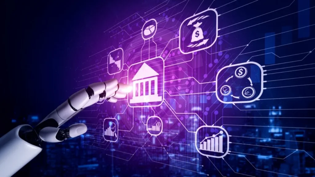 A robotic hand interacting with digital financial icons and charts, depicting advanced technology in banking and investment management, set against a purple and blue futuristic background.