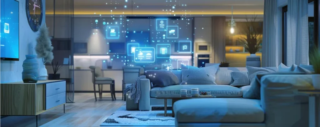 A modern living room at night featuring a cozy blue-grey sofa setup, illuminated by glowing